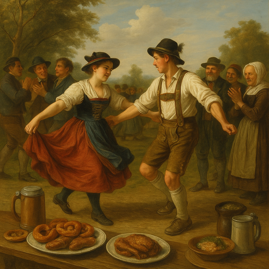 Ilustración del Oktoberfest de 1810 en Múnich: personas del campo bailando con trajes tradicionales bávaros, mesas con comida típica y ambiente festivo al aire libre.